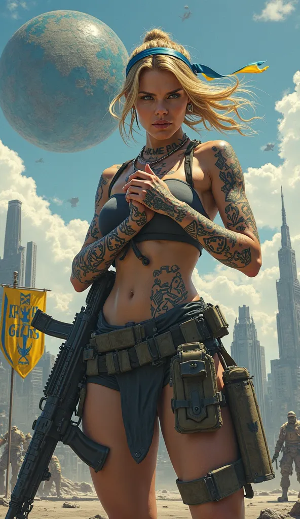 a female heavily armed with rifles all over the body Tatooed with Ukrainian trident motifs bare body Ukrainian Warrior with a ribbon of a small Ukrainian flag on her head is holding her hands together in front of a sifi ukrainian city, Art & Language, nucl...