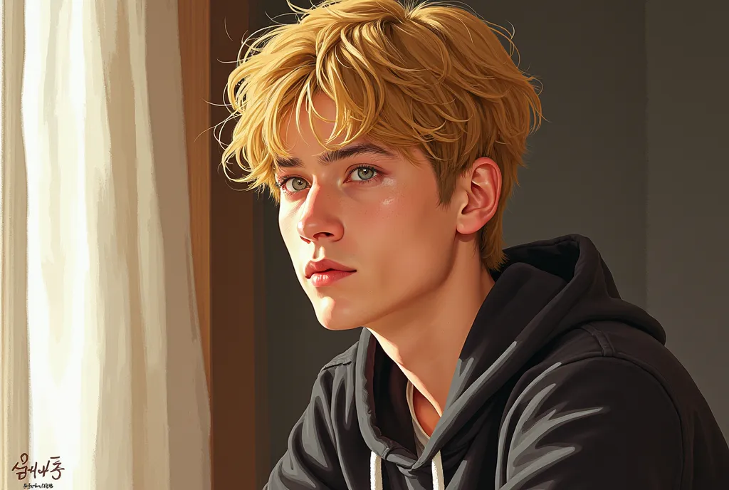  Adult Male,  casting, lie, Shaggy Golden Hair, 1 person,  dark circles under the eyes ,  short hair , Male focus,  casting man, Bold painting ,  Korean cartoon style ,  semi-realistic art  ,  semi-realistic art  style, stripes showing emotion, Bright brus...