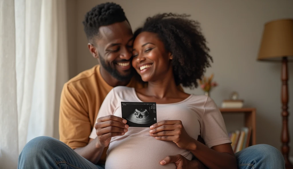 Une femme africaine enceinte souriante tient une échographie entre ses mains, tandis que son partenaire l’enlace avec bonheur.