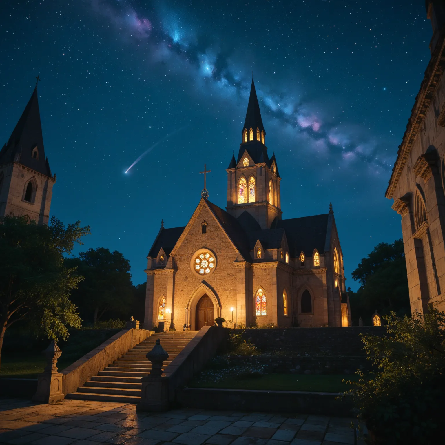 shooting stars, church, ruined church