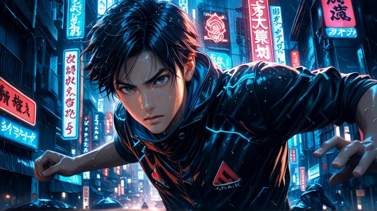 handsome young boy running streets japan, detailed facial features, athletic build, determined expression, dynamic pose, 4k, professional portrait, cinematic lighting, dramatic atmosphere, cyberpunk city background, neon signs, rainy weather, moody color p...