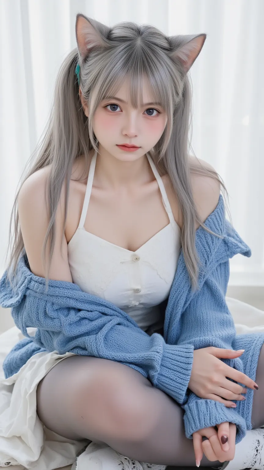  young Japanese woman ，big breasts，Upper chest，  Tiniff Blue  ， lantern， Gradient Colored Hair ， very long hair, cat ears，  thighs， Cleevidge ，HD Bell Color  ， realistic，， Top Quality，masterpiece，one girl， Wavy Gray Hair  ，Thin Skin，cat ears，cat&#39;s eyes...