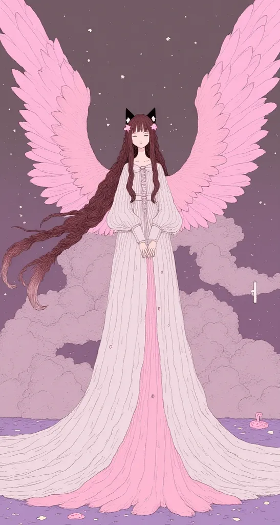 A beautiful goddess whit black cat ears brown hair in pig tails big pink and white wings  wearing a white and pink gown that’s flowing like water eyes closed hands folded together Delicately 