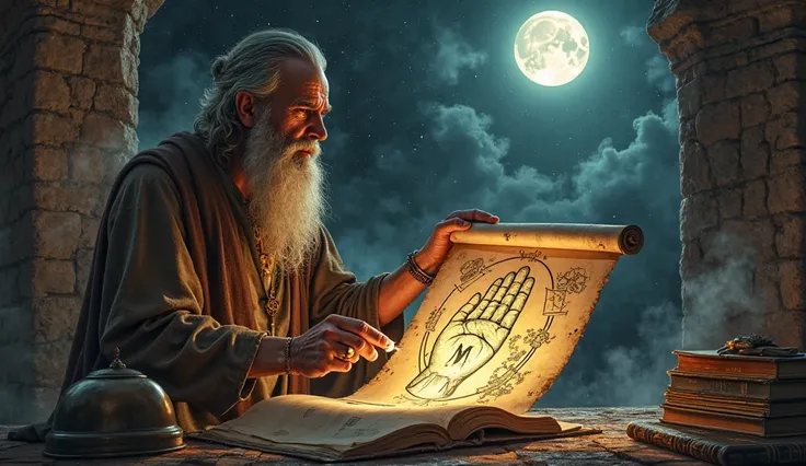 "A historical and mystical illustration of an ancient philosopher studying palmistry under the moonlight. He is holding a scroll with palm reading diagrams, with the 'M' marked on a hand in the center. The scene is set in an ancient study room, surrounded ...