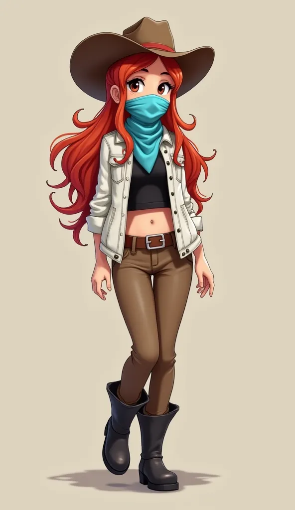 animation style
Woman
stature 210
Light blue bandana on the face 
Light blue bandana in the face cowgirl 
Covered face with bandana 
Covered mouth with bandana 
Tied in the mouth 
Tied under the hair 
Tied behind the head
Brown hat cowgirl
red hair
long ha...