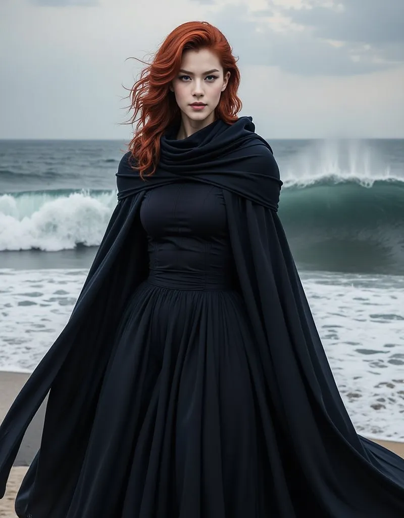  Redhead Woman Layered In Black The Sea 