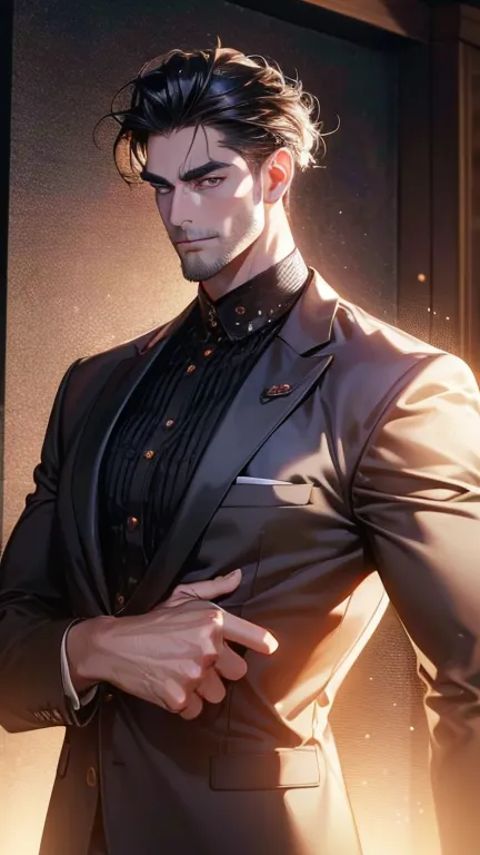 (    best quality,4K,8k,       highres,    masterpiece :1.2),    ultra-detailed    ,(Realistic,photoRealistic,photo-Realistic:1.37),36-year-old man,3 day beard,Beautiful anime,Portraits,strong,masculine,        with black hair  ,sharp jaw,             mesm...