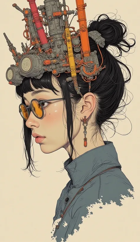 There is a picture of a girl wearing glasses,  Inspired by Katsuhiro Otomo , otomo katsuhiro style, by Otomo Katsuhiro,  pale and colorful architectural drawings by Yanagawa Nobumasa by Vadim Mellor , Katsuhiro Otomo style, Artist: Otomo Katsuhiro, Dynamic...