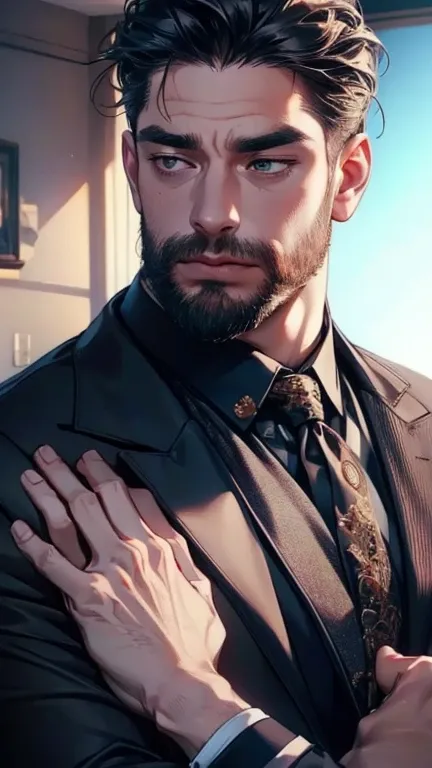 (    best quality,4K,8k,       highres,    masterpiece :1.2),    ultra-detailed    ,(Realistic,photoRealistic,photo-Realistic:1.37),36-year-old man,3 day beard,Beautiful anime,Portraits,strong,masculine,        with black hair  ,sharp jaw,             mesm...