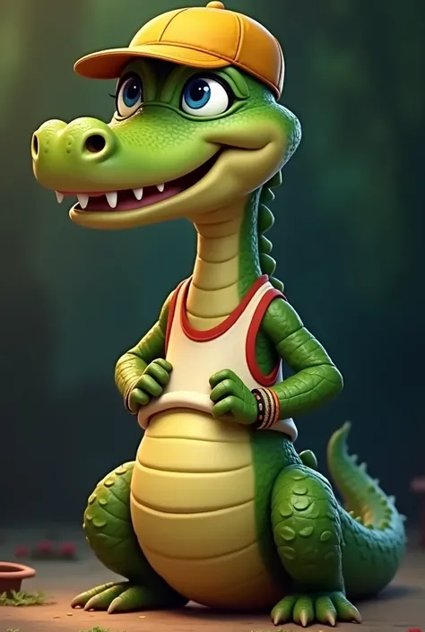 adult toothless alligator in cartoon style, with yellow cap turned backwards, with a white and red tank top, blue eyes, with a big smile and an open mouth showing the toothless gums, with a Bob Marley bracelet