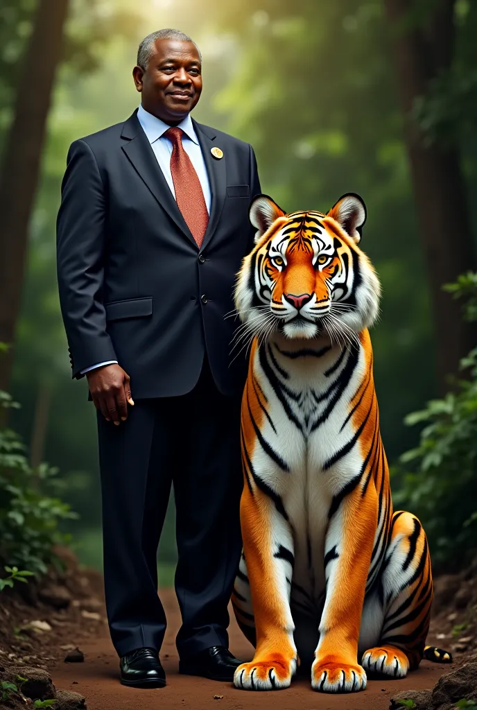 am creating a photo by president of Rwanda together with a tiger.