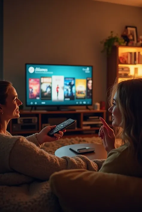 The image may show a cozy living room.  in the center, there is a person holding a remote control, with an enthusiastic smile on her face, while pointing at the TV. Na tela da TV, there is a selection of several miniatures of series covers, and the person ...