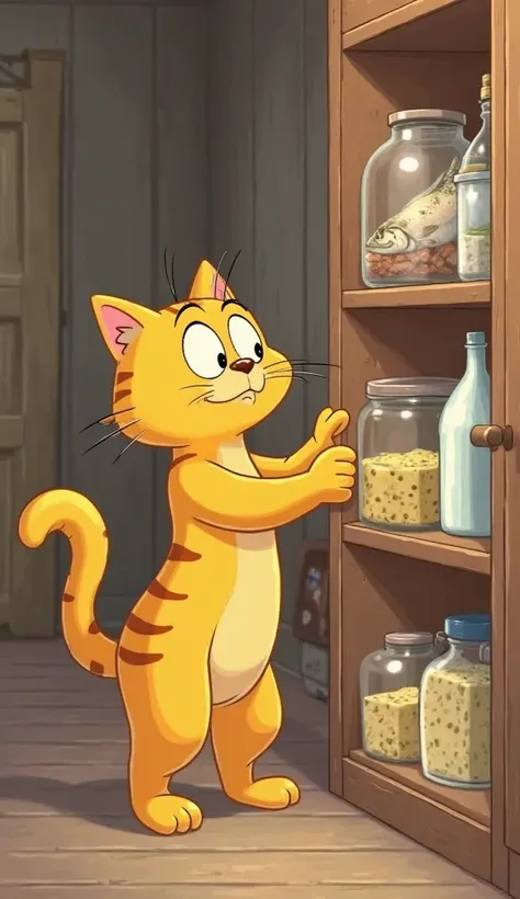 Scene 2:

(The cat opens a cabinet and pulls out ingredients – a fish, milk, and cheese.)
Voice-over:
"Today’s special? A purr-fect fish feast!"The cat is yellow and the cat's personality has not changed.