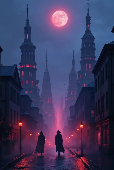 “The same music city at night, now dark purple and blue, with shadowy conductor figures in cloaks levitating above the streets. The violin towers emit eerie red light, 8k resolution, surreal horror style.”