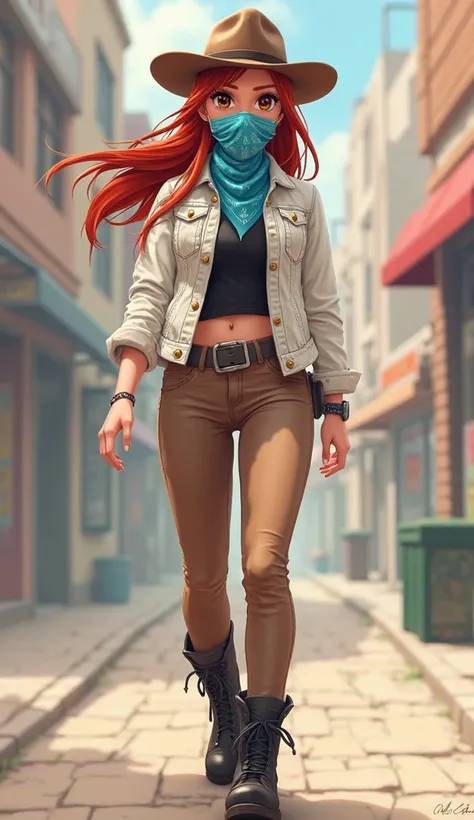 animation style
Woman
35 years old
Light blue bandana on the face 
Light blue bandana in the face cowgirl 
Covered face with bandana 
Covered mouth with bandana 
Tied in the mouth 
Tied under the hair 
Tied behind the head
Brown hat cowgirl
red hair
long h...