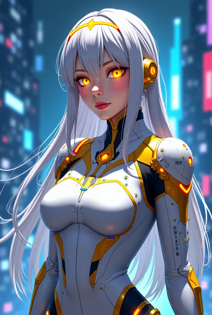 Create anime-style fan art of a cyber priestess in a Cyberpunk world. She has long, silver hair with golden reflections, adorned with a technological tiara with bright LED lights. Her golden eyes shine with a mechanical glow, showing a digital interface in...