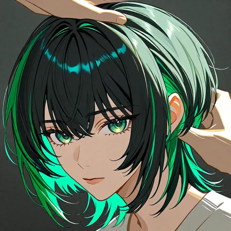 Create an anime with black hair, highlighting green hair, green eyes, undercut hair on the side, and with a gradient of layers of hair to give it volume and look a little messy in the style of a wolf cut. The length is so flattering. I open my forehead, fl...