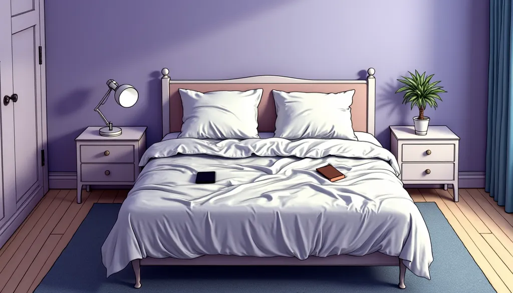 Anime movie style。Early morning scene with the curtains closed。A white bed placed in front of a light purple wall。Sheets are disheveled like after you've jumped up、２The two pillows are also placed in a disarray。The white table has a lighting stand and、The ...