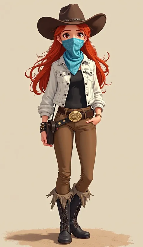 animation style
Woman
35 years old
Light blue bandana on the face 
Light blue bandana in the face cowgirl 
Covered face with bandana 
Covered mouth with bandana 
Tied in the mouth 
Tied under the hair 
Tied behind the head
Brown hat cowgirl
red hair
long h...