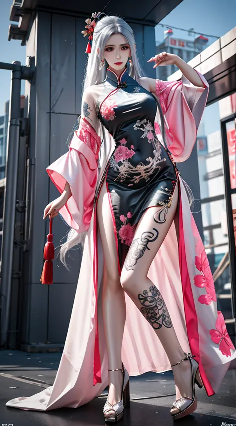 realistic photos in Moscow, high resolution, woman, 成熟woman, alone,  hips up , full body shot，Jewelry, Tattoo, White hair,  long hair, make up, Pink Lips, Internet clothing,high heels， Network Hanfu, Long gown, Chinese_clothes, cyberpunk 2077 style, ,  mec...