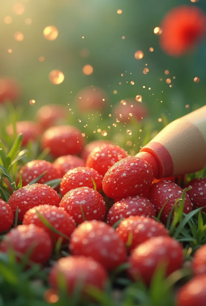 a red candy palette on a grass field and next to it a beige eraser, Around light flashes of light.