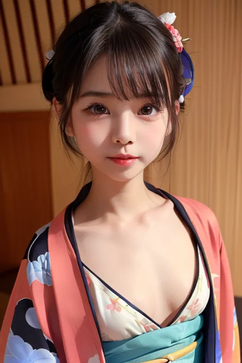 detailed realistic, solo Japanese girl , (very cute young face:2.0), (short height:1.6), (petite hip:1.4), (kimono:1.8), (partially undressed:1.3), detailed skin, (petite breasts:3.7), (flat chest:3.7), (slender chest:2.6), medium wave hair