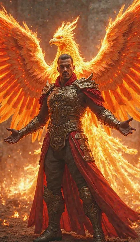 Phoenix Ikki in an ultra realistic style, como se fosse um live action. He wears the original Phoenix Bronze Armor, armor with metallic details and an aggressive design,  reflecting its strength and resilience . Ikki is in an imposing pose,  with open arms...