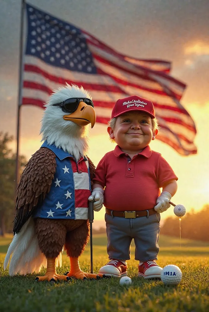 "A bold and patriotic scene featuring $MIA the eagle and Donald Trump playing golf together on a pristine course. $MIA the eagle, dressed in a sharp golf outfit with an American flag-patterned polo and visor, confidently swings a golf club. Donald Trump, w...