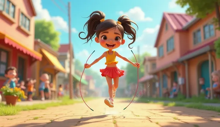 An animated cartoon of a girl jumping rope in the rope mode with arms crossed