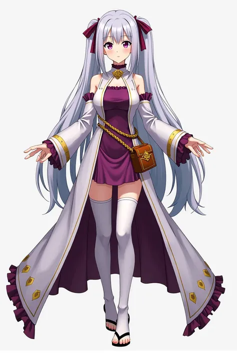 Noelle Silva from the anime Black Cliver is a young woman with a slender figure and pink eyes, she has very long silver hair tied in pigtails down to her waist, with her bangs centered on her forehead, large D cup size breasts, she wears a short, sleeveles...