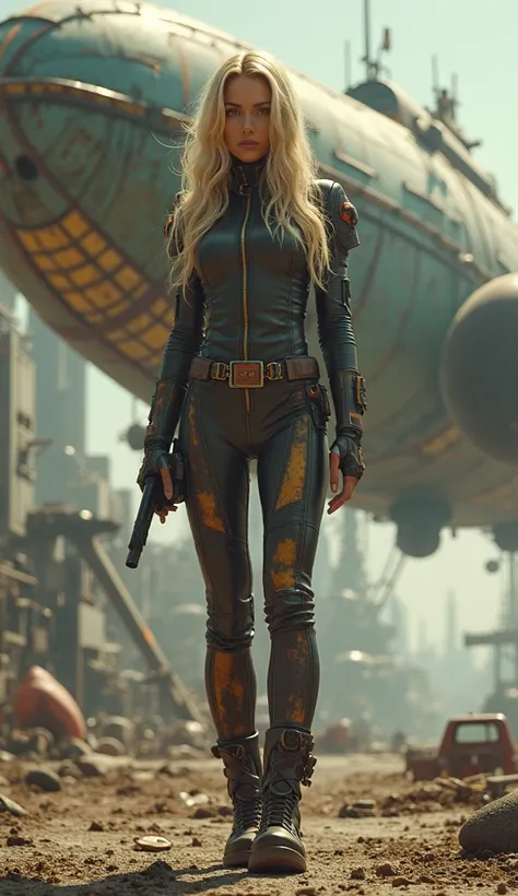 Syd Mead style futuristic cyber dieselpunk airship, full body shot of beautiful European blonde woman in tight pilot suit in dieselpunk style,  the surrounding atmosphere looks chaotic background there is dieselpunk style, in Syd Mead style