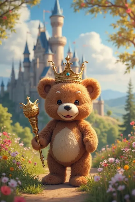 Create a picture of the teddy bear in front of the castle with his crown and sceptre in the freestyle