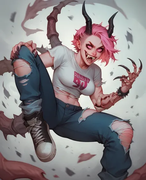 You have a zombie girl, her long pink hair very light pink, her zombie eyes, sharp teeth, sharp fangs, short white shirt broken, dark blue pants torn, silver raised around her legs, cucatris on her abdomen and face, her left arm is skeletal,There is a casn...