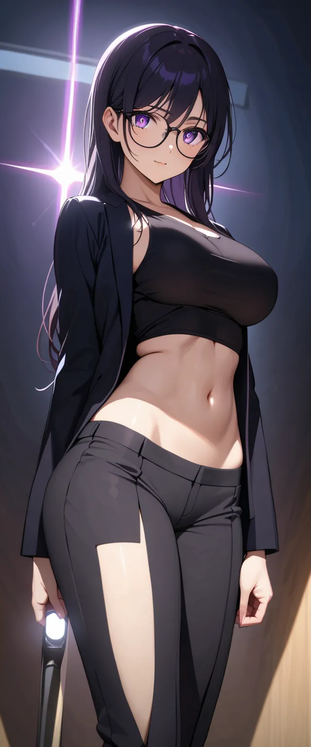 Hizuru Minakata, 1girl, Detailed light, Best Shadow, black hair, shiny and well-defined hair strands, purple eyes, detailed reflective eyes, shining eyes, perfect facial symmetry, radiant skin glow, beautiful breasts, wearing a black jacket, black tank top...