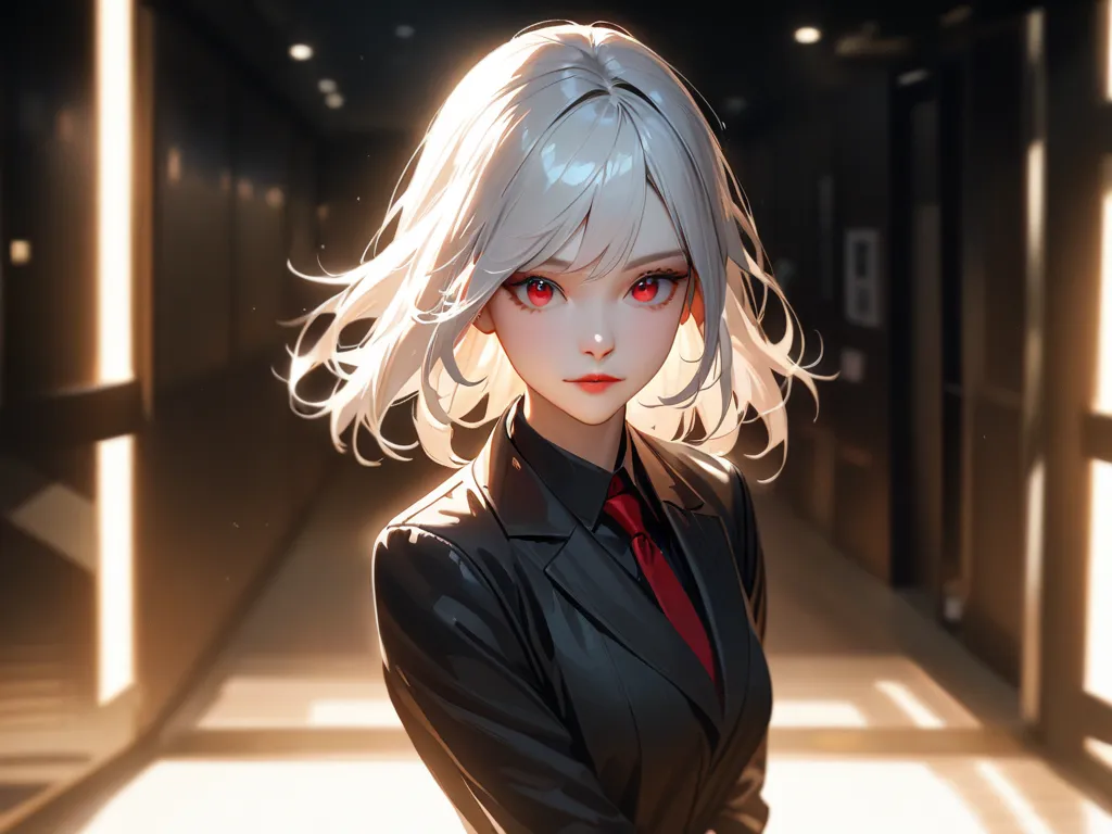 A young beautiful anime woman with long messy white hair and red eyes with dark eyeshadows dressed in a Three-piece black business suit.