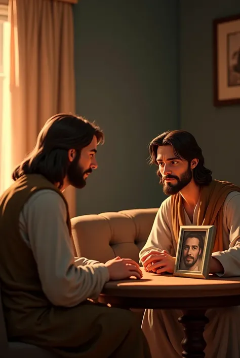 create an image of Jesus sitting on the sofa talking to a , both of them a little sad and with a table that has a large photograph on top of the table in Disney style