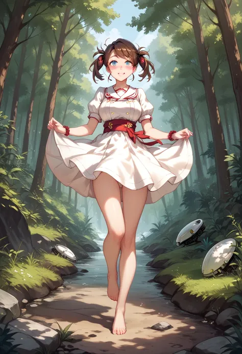 A girl is jumping up on the forest, Middle age, joint seam,full body view, height 160 cm mechanical lady, skin pigment , she gets ecstasy, very short pigtails, brown hair, Hair tie with two red big red clothespins, mature, android, blue eyes, full body fig...