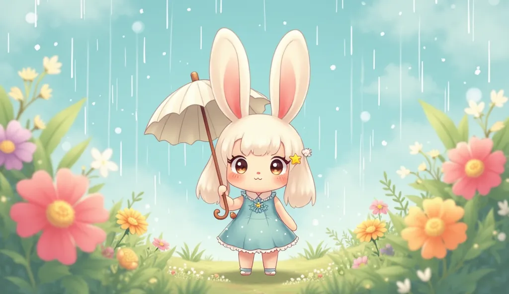 An adorable kawaiii-style character, with long, fluffy ears, like a bunny.  Her expression is tender ,  with blushed cheeks and big, bright eyes . He is standing in a natural environment with brightly colored flowers around, reflecting a spring atmosphere....