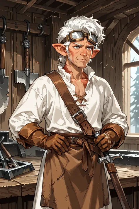gnome, male, dark skin, ((short stature, midget)), big round ears, middle aged, white hair in pompadour, wrinkled skin, grey eyes, safety goggles, (burn scar on throat), wearing a white tunic, (brown blacksmith's apron over white tunic), grey breeches, (s...