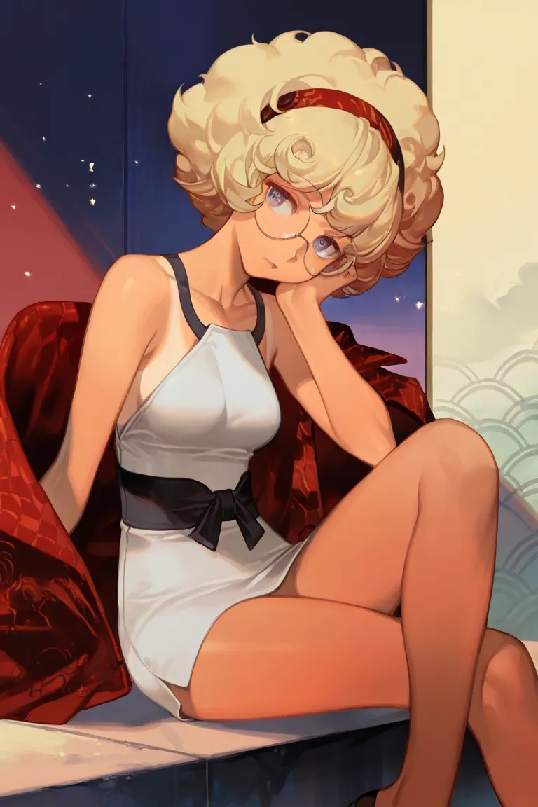 (Opening:0.0),1girl, masterpiece,best quality,amazing quality,
(Artists:0.00),
 rei_\(sanbonzakura\), ask_\(askzy\), hungry clicker, 
(Traits:0.0),
Small breasts , curly hair, small afro, blonde hair, tan,
(Dress:0.0),
Round eyewear, headband
(Scene:0.0),
...