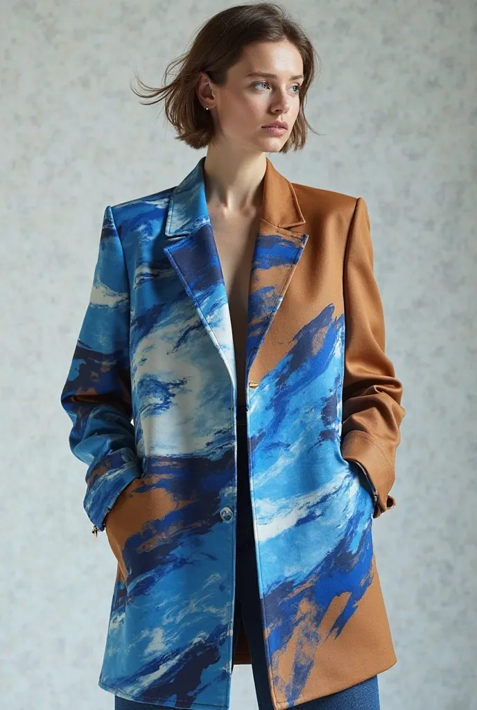 Brown oversized blazer with blue and white print