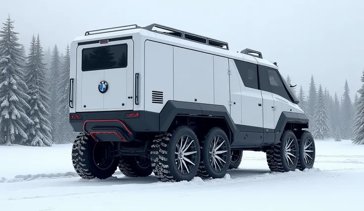 ☃️"BACK SIDE
Stunningly realistic 3D render of the rear left side view of a colossal, heavily armored 2025 (BMW )  motorhome truck  6x6, designed for off-road adventures. The vehicle showcases enormous off-road tires with silver-colored wheels and reinforc...