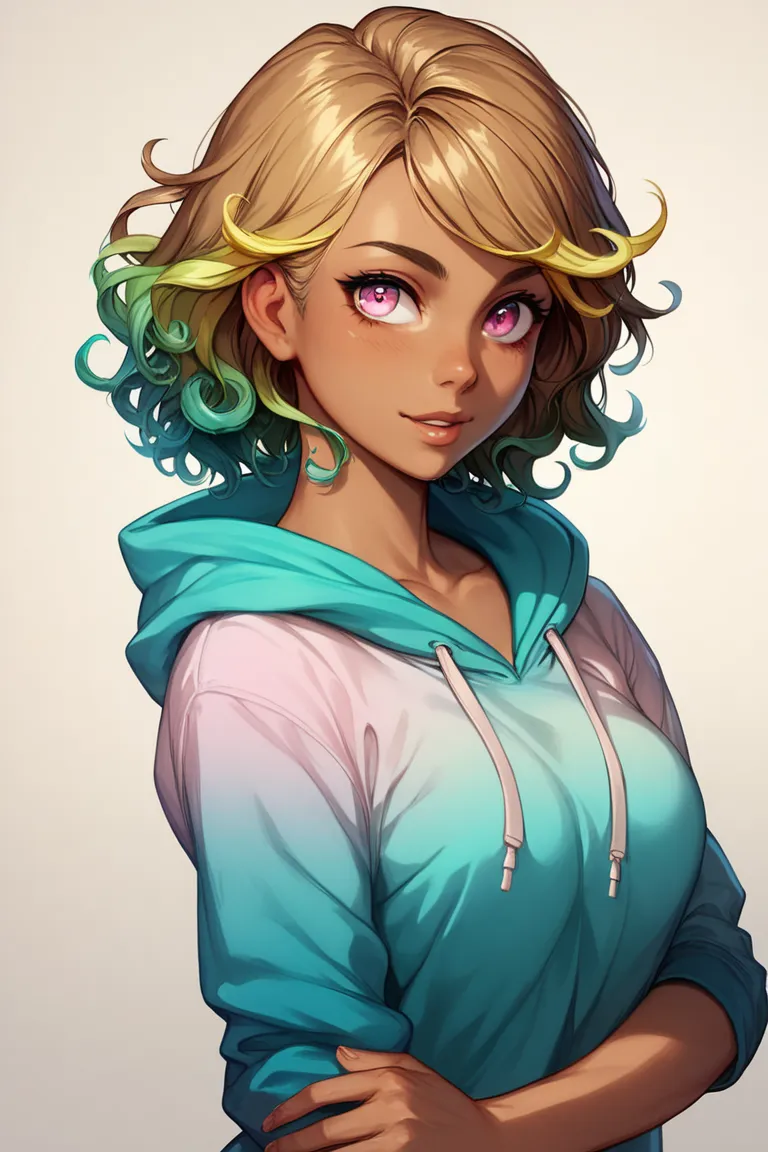 1girl, solo, solo focus, cowboy shot, portrait, oversized hoodie, aqua green and white hoodie, half aqua, half green, ((brown hair)), (yellow hair), (gradient hair :1.5), curly hair, ((pink eyes)), hyperdetailed eyes, tan, (caramel dark skin:1.1), medium b...