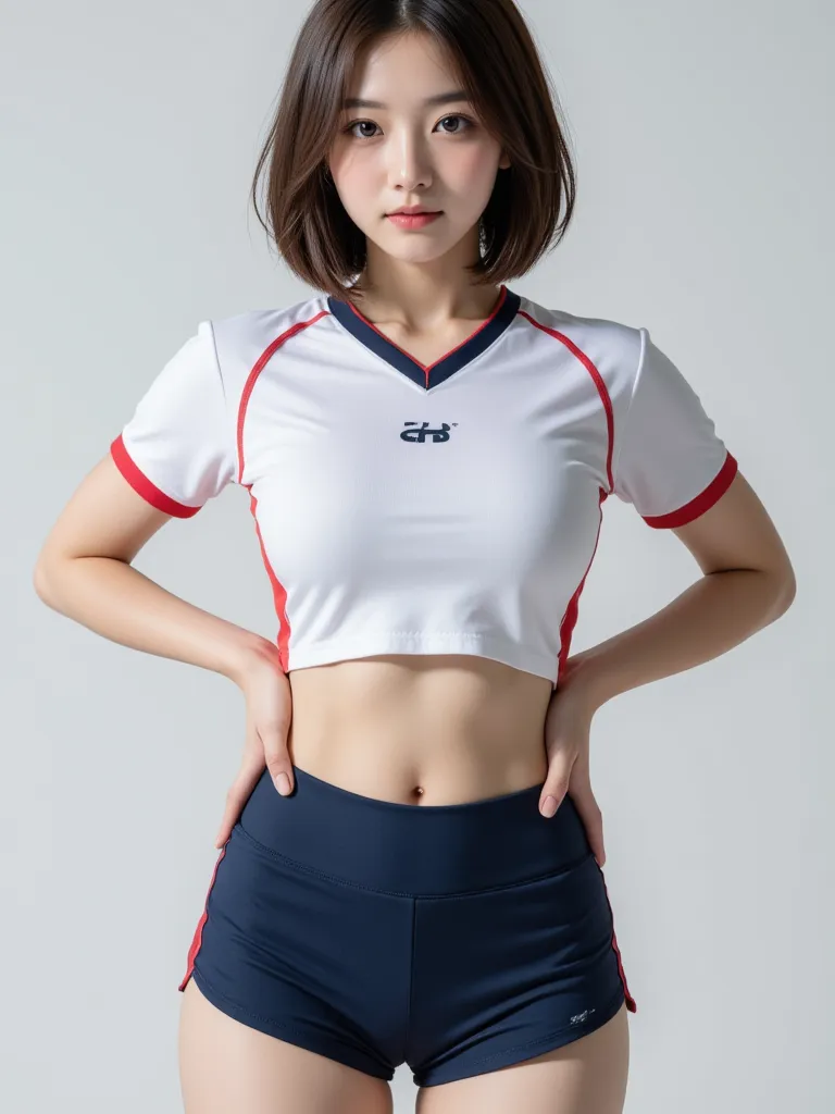 a young asian girl poses and wears a volleyball uniform, 1girl, solo, breasts, cleavage, shorts, brown short hair, sportswear, looking at viewer, realistic, small breasts, black eyes, 