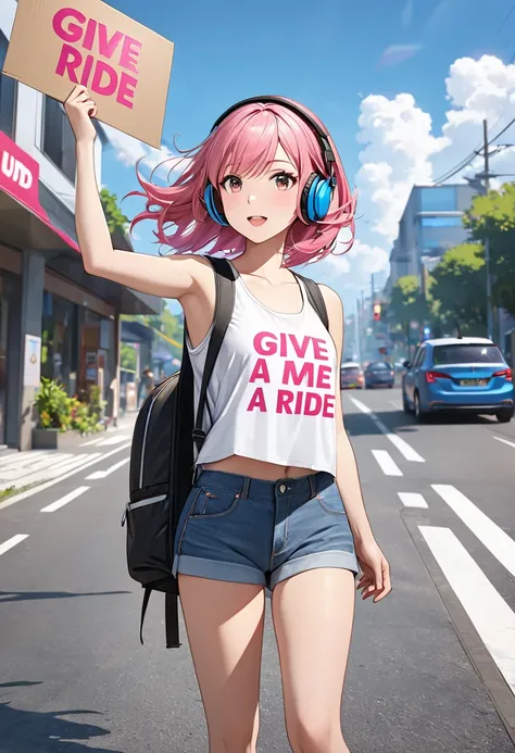 A spirited young woman is hitchhiking by the roadside holding a cardboard sign with the bold text 'Give me a ride' written on it, She holds up a cardboard sign with both hands to attract the attention of passing cars, Dressed in a plain tank top her attire...