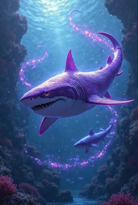 Purple shark with rays around it 