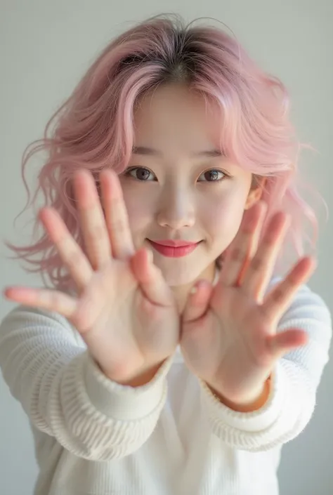 A Korean girl with curly pink hair. She is cute and doll like visuals. She’s introducing herself to the camera while wearing a white crop top