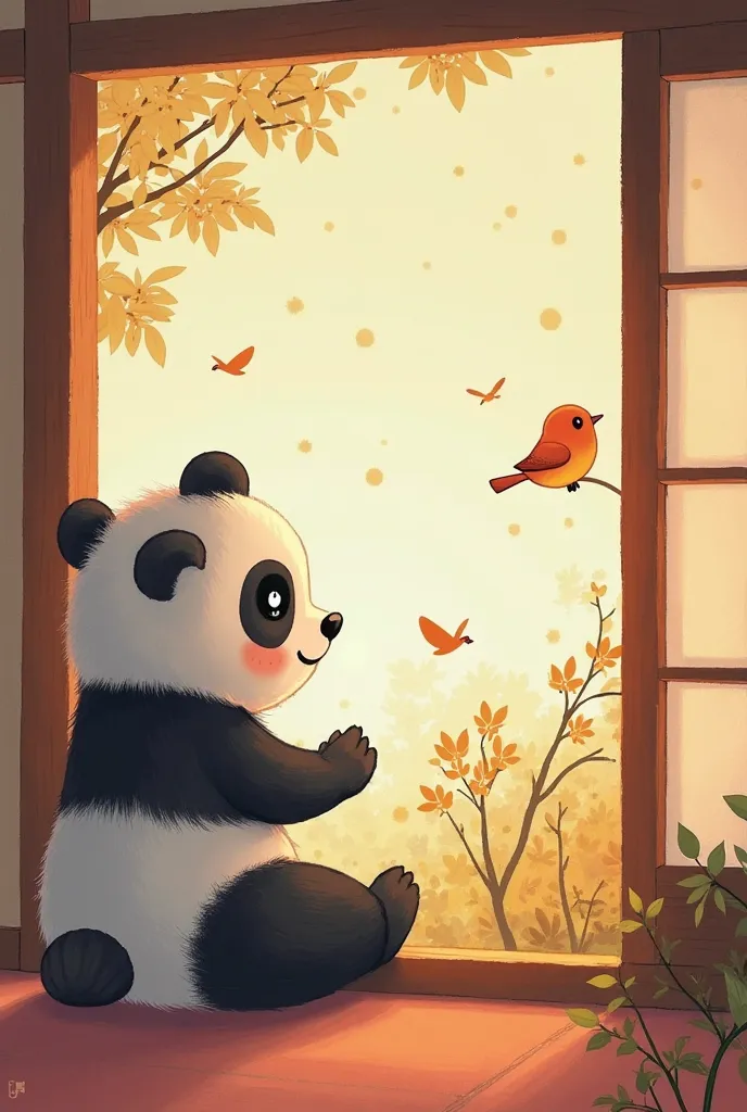 Une adorable illustration pour enfant représentant un panda qui  regarde des oiseaux par la fenêtre, dans une maison japonaise.L'ambiance est douce et chaleureuse, avec une lumière tamisée. Le style est coloré et cartoon, avec des traits ronds et un aspect...