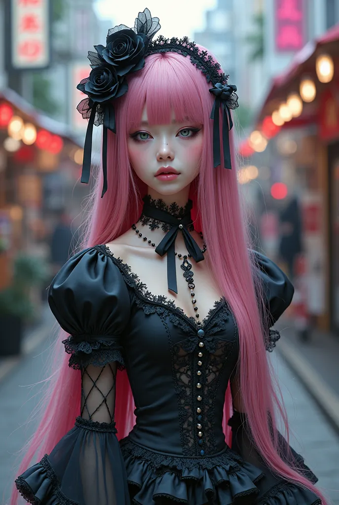 gothic lolita,  Adult Female,  long colored hair ,   gothic dress, In Harajuku, more accessories, , Doll style, gothic,  Lolita Style, calm expression