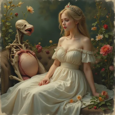 (the best lighting, HIGH CONTRAST, dark, dramatic),(Blonde woman next to a viscera phallus glans white shark giant robot flower, veins, tardigradum, Crown, fetus, autopsy, human bones, Blood on the Beach, sofa). Light Caravaggio.